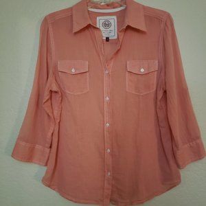 SO Sweet and Sheer Peach Button Front with Roll Up Tie Sleeves Blouse S-XL